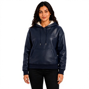 <b>Women's</b> <b>Navy</b> Blue Fleece Lined <b>Hoodie</b> Pullover Windproof Regular Fit Solid Color Full Sleeve Sweatshirt - Product Image 1