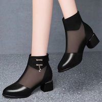 Bottes à talon épais classiques coréennes respirantes en maille pour femme, noires, été-automne