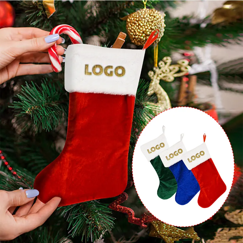 OEM fett dicke große Stickerei Logo Werbung hochwertige Weihnachtsstrümpfe mit dicker weicher Folie und Pelz-Zubehör