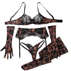 Ensemble de lingerie 5 pièces en dentelle léopard avec gants et bas cuissardes noirs bordeaux S-L - Product Image 5
