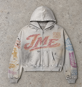 hongguan Streetwear Customized <b>Vintage</b> Street Wear Loose Fit Studded Letter Sleeve Print Men's Distressed Zip Up <b>Sweatshirt</b> - Product Image 2