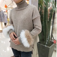 Pull col roulé en fourrure de renard uni, manches longues, style urbain, avec poignets en fourrure de renard, pour femme, hiver, décontracté, respirant