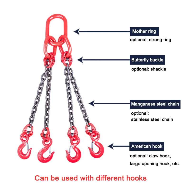 5/16" x 4' G100 Adjustable Chain Lifting Sling with Sling Hook Quadruple Leg 