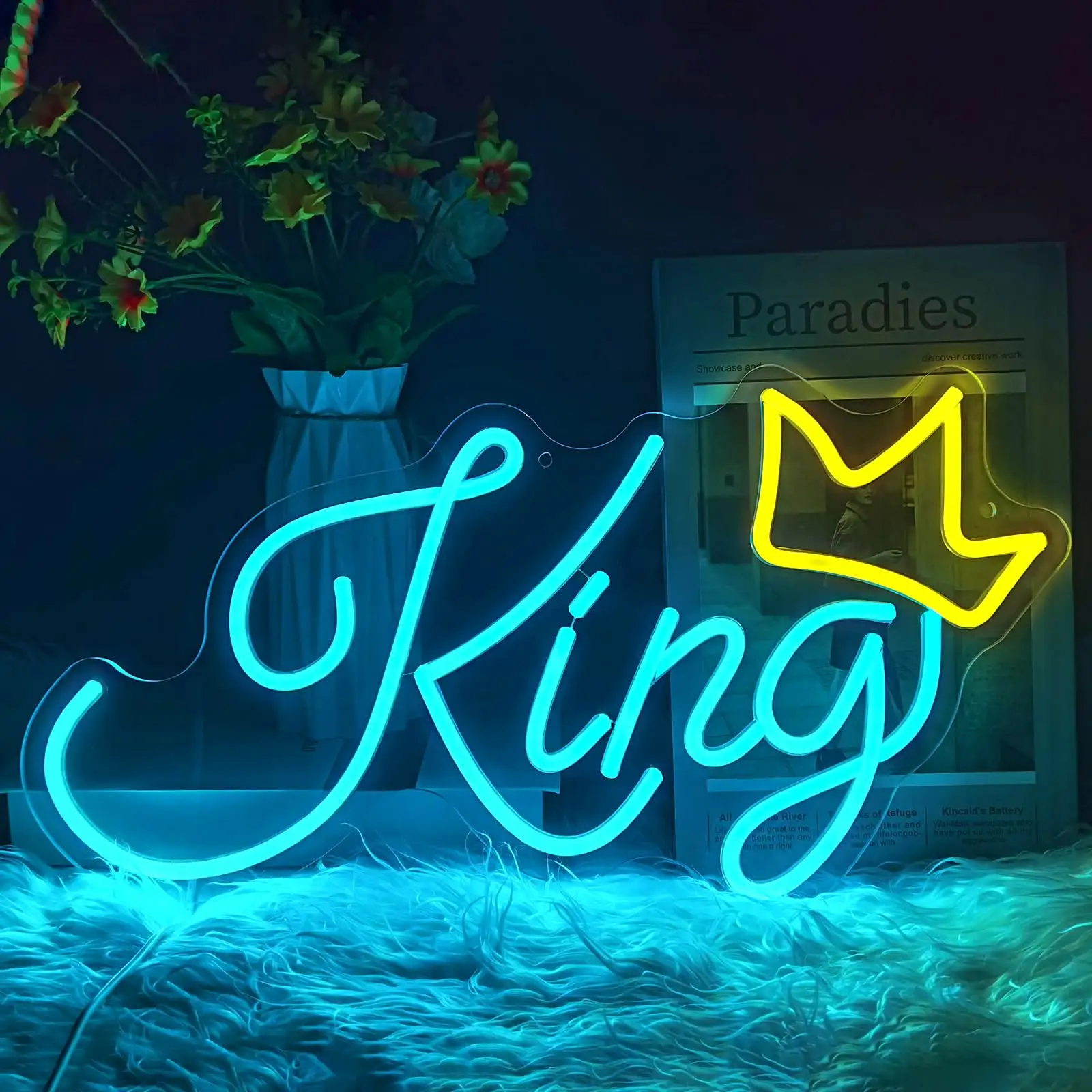 King Neon Signs for Wall Decor Signes lumineux LED bleus Golden Crown Neon Lights for Bedroom Kids Teen Boys Room Birthday Party Bar