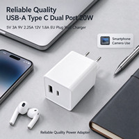 Charger Dinding USB-A Tipe C Dual Port 20W 5V 3A 9V 2.25A 12V 1.8A Colokan EU Merek Terpercaya untuk Ponsel dan Kamera