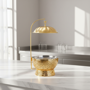 Plat de service rond élégant en acier inoxydable doré de 8 L avec couvercle décoratif suspendu pour la restauration et les mariages - Product Image 2