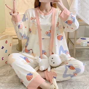 Conjunto de Pijamas de Maternidad de 3 Piezas, Camiseta de Lactancia de Manga Corta + Cárdigan de Manga Larga + Pantalones Largos, Pijamas Postparto para Mujer OEM - Product Image 1