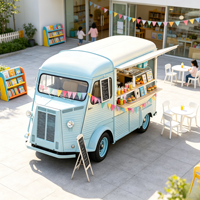 Camion de restauration rétro bleu ciel en acier inoxydable, directement de l'usine, avec étagère à sandwichs pour enfants, comptoir à jus frais et station à bonbons pour
