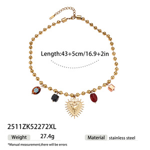 Collar de Bolas de Acero Inoxidable Impermeable con Baño de Oro de 18K, Colgante de Corazón Vintage y Piedras de Colores, Joyería Tipo Gargantilla - Product Image 6