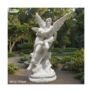 Antieke Levensgrote Wit Marmer Cupido en Psyche Standbeeld - Product Image 3