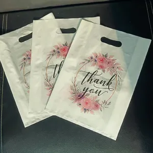 Custom Thank You Die Cut Handle Bag D2W Biodegradable Gift Fashion Clothing Retail Eco Shopping Plastic Bag With Logo