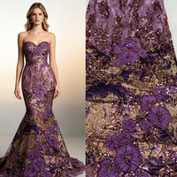 Tela de red de lavanda con bordado floral 3D, lentejuelas doradas y cuentas multicolor en stock, envío rápido, Dubái, Arabia Saudita, EE. UU., Europa, para novias