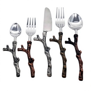 Ensemble de couverts écologiques en acier inoxydable de style américain, 5 pièces, avec poignées à motif de branche, pour les événements de mariage et la décoration de table - Product Image 1