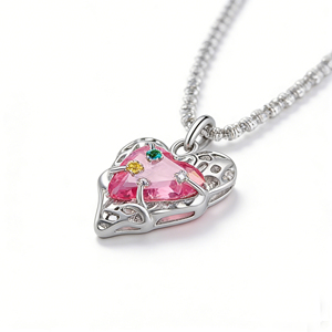 Collar con Colgante de Corazón Plateado para Mujer, con Flor Rosa de Circonia Cúbica, Cadena de Serpiente, Estilo Romántico, para Uso Diario - Product Image 4