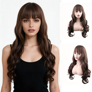 <span class=keywords><strong>Peluca</strong></span> Sintética Larga y <span class=keywords><strong>Ondulada</strong></span> Color Castaño para Mujer, con Flequillo Completo, Fibra Resistente al Calor, Aspecto Natural y Realista - Product Image 2