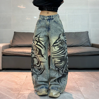 Jean en denim taille haute pour femme, brodé sur mesure, délavé vintage, coupe baggy droite évasée