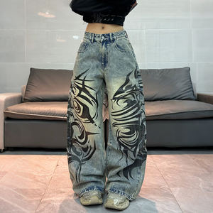 Jean en denim taille haute pour <span class=keywords><strong>femme</strong></span>, brodé sur mesure, délavé vintage, coupe baggy droite évasée - Product Image 1