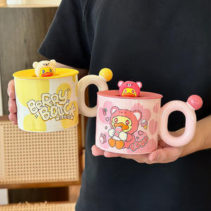B.Duck Ceramic <b>Mug</b> With Lid And Handle Cartoon Design For <b>Travel</b> Single Cup Orange Blue Pink Yellow - Product Image 2