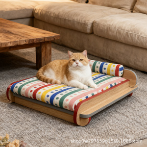 Cat <b>Bed</b> Solid Wood Upholstered Rectangle Polyester Fiber Fill Four Seasons Pet Cat <b>House</b> CF 014 <b>Bed</b> - Product Image 5