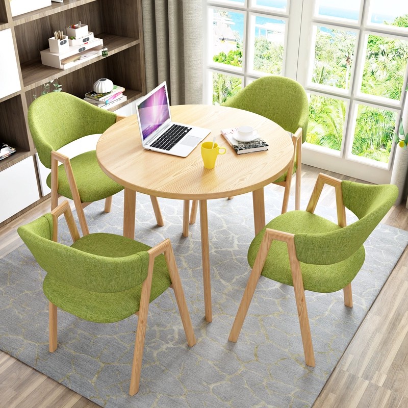 Green cloth 4 chairs + 80 wood color round table