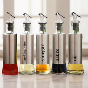 Dispensador de aceite de vidrio, botella de condimentos de cocina a prueba de fugas de acero inoxidable para aceite, vinagre, salsa, vino de cocina, 4 7,9 pulgadas - Product Image 1