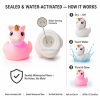 Juguete de Baño de Pato Unicornio Luminoso al Contacto con el Agua, Pato de Goma Flotante con Iluminación Automática y Fondo Sellado Impermeable Antimoho para Bebés