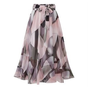 Gonna lunga in Chiffon stampato floreale in stile Euro e America in vendita calda gonne a fiori Casual con cintura da donna a basso prezzo - Product Image 4