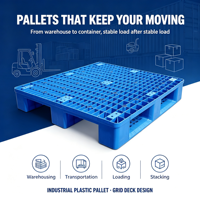 Palette en plastique bleue de qualité export 1000x1000mm à trois skids, surface grillagée, pour entrepôt