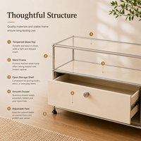 Buffet moderne minimaliste écologique avec étagères en verre, structure en acier inoxydable, 2 tiroirs, 2 compartiments, salon, salle à manger