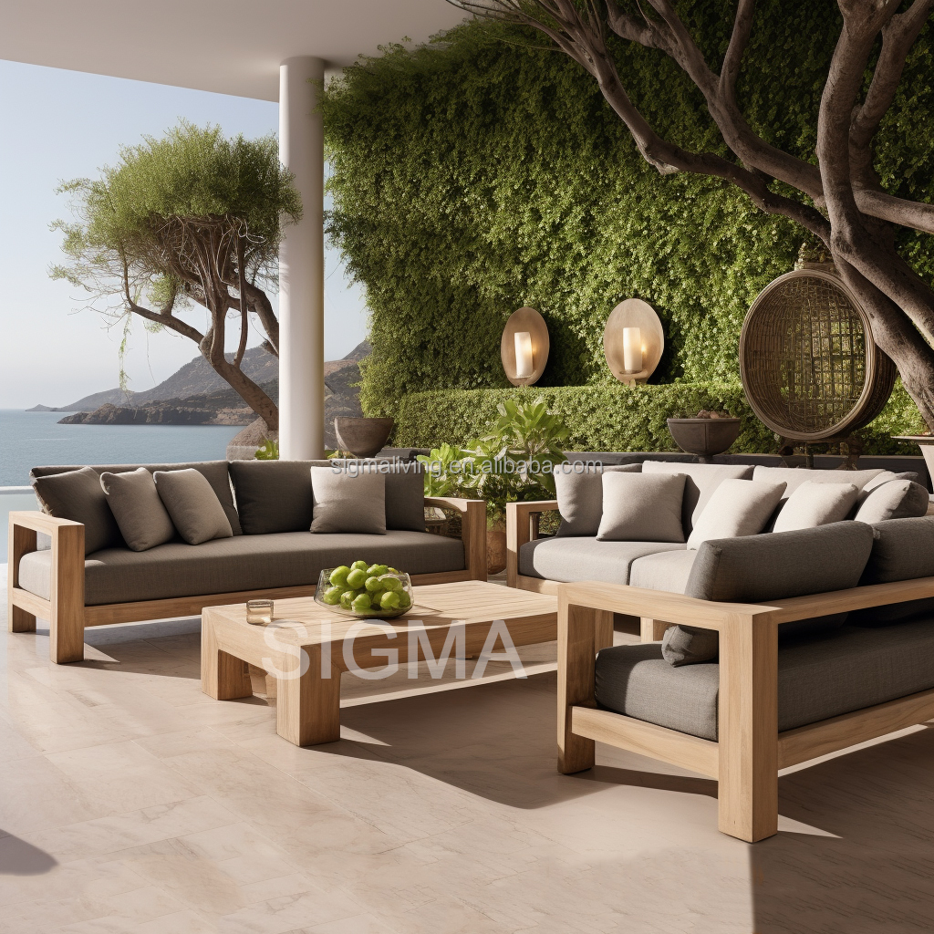 Modern New design outdoor furniture sofa garden set waterproof fabric solid wooden teak garden sofa