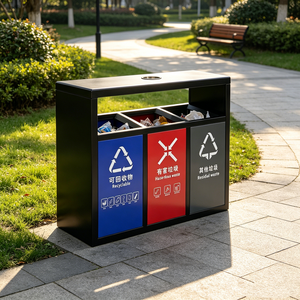 Poubelle 3-en-1 en acier inoxydable, bac de recyclage extérieur galvanisé robuste avec couvercle relevable pour mobilier d'extérieur - Product Image 1