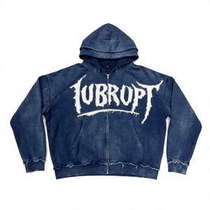 Custom New Black Distressed Zip Hoodie Unisex 100% Cotton Winter Graphic Sweatshirt Heavyweight Oversized Y2K Full Zip Hoodies - Product Image 6