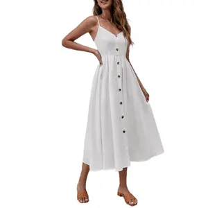 Ladies 2023 Custom Blank White Dresses Sleeveless V Neck Slip Summer Casual Midi Women Korean Dress