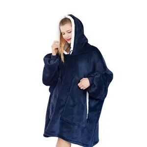 Super Soft Warm Custom Flannel Sherpa Wearable Blanket Hoodie Oversize Blanket Hoodie With Giant Pockets
