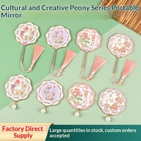 Miroir portable à poignée métallique style chinois avec fleur de pivoine de Luoyang, pompon, cadeau culturel créatif touristique, miroir de maquillage, souvenir