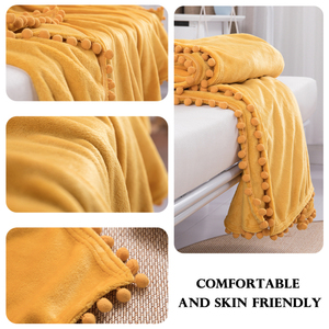 Couverture en flanelle légère en peluche avec pompon et franges personnalisée en flanelle de taille unie avec pompon - Product Image 6