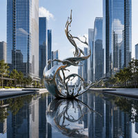 Sculpture moderne d'extérieur en acier inoxydable poli effet miroir, motif abstrait éclaboussures d'eau, tailles et couleurs personnalisables pour aménagement paysager de jardin