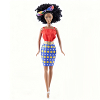 Ensemble de poupées noires - poupée noire avec haut moulant jaune + jupe trapèze ajustée violette avec sac à main bleu et cheveux afro