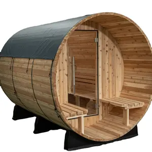 Family Wooden 4-6 Person Red Cedar Outdoor Barrel Sauna Room With Wood Burning Stove