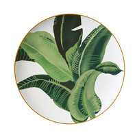 Ensemble de vaisselle en céramique de luxe avec bordure dorée, imprimé feuilles de bananier, tasses et bols pour mariage, hôtel et restaurant