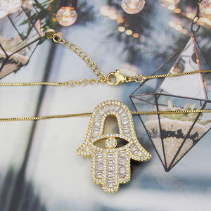 Bling Baguette <span class=keywords><strong>collana</strong></span> <span class=keywords><strong>di</strong></span> palma <span class=keywords><strong>con</strong></span> la <span class=keywords><strong>mano</strong></span> <span class=keywords><strong>di</strong></span> <span class=keywords><strong>Fatima</strong></span> ciondolo occhio religioso gioielli alla moda ciondolo collane - Product Image 5