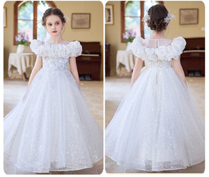 Abito <span class=keywords><strong>Elegante</strong></span> da Principessa per Bambina, <span class=keywords><strong>Vestito</strong></span> da Festa in Tulle Ettereo e Perle, Abito da Damigella d'Onore con Spalle Arricciate - Product Image 5