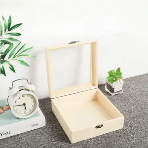 热销9x9x2.5cm小木展示盒带透明玻璃窗小木盒礼品