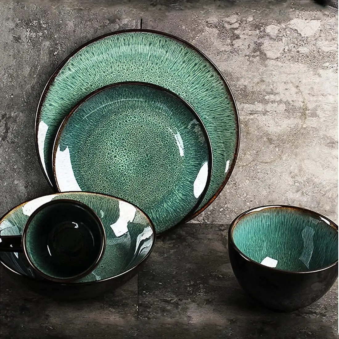 Hete Verkopende Nordic Luxe Stenen Diner Sets Matte Kleur Groen Blauw Reactief Geglazuurd Keramisch Steengoed Servies En Borden