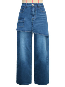 ZHEZHE Vêtements pour femmes, style américain rétro, faux deux-pièces, jean en denim à jambe <span class=keywords><strong>large</strong></span>, <span class=keywords><strong>taille</strong></span> <span class=keywords><strong>haute</strong></span>, coupe ample, <span class=keywords><strong>pantalon</strong></span> cache-culotte - Product Image 4