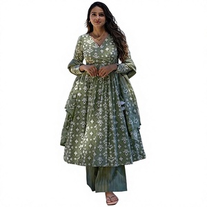 NUEVO LANZAMIENTO: Conjunto Anarkali para Mujer con Pantalón y Dupatta, Tela de Rayón con Estampado, Largo 44 Pulgadas - Product Image 1