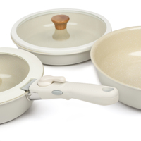 Set Peralatan Masak Keramik Anti Lengket 7 Buah Warna Krem Putih, Panci dan Wajan Aluminium Tempa dengan Gagang Lepas Pasang Ramah Lingkungan