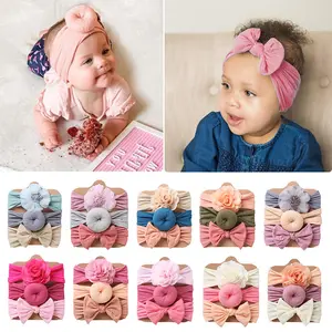 SongMay-Ensembles bandeau noué pour bébé fille, couleur unie, nylon doux, nœuds élastiques, accessoires pour cheveux, nouveau-né, 3 pièces
