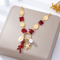 Collier de plage style resort à thème océanique avec étoiles de mer, coquillages et chaîne en alliage de corail rouge, accessoire d'été pour femme