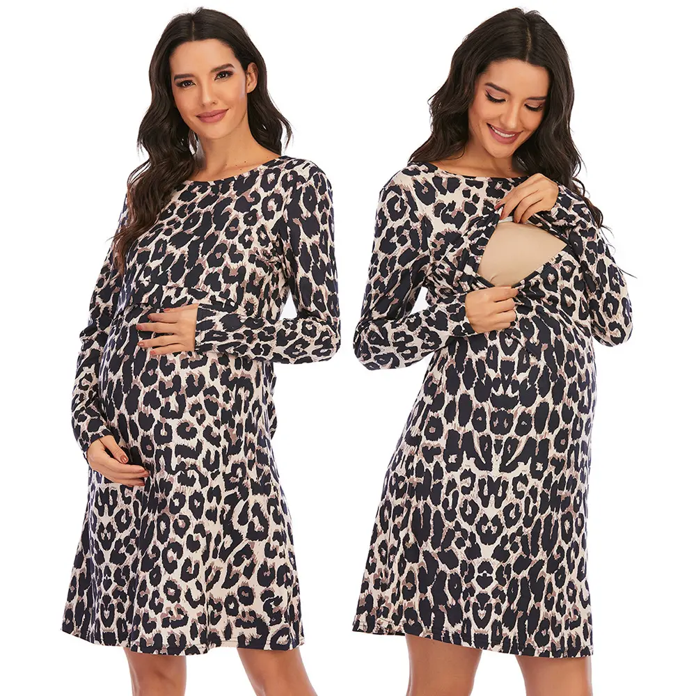 Rts Maternity Crew Neck Dress Women Leopard Long Sleeve Dress Pregnant Woman Clothes